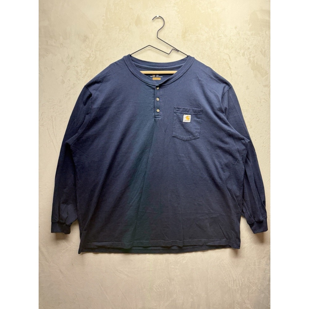 Carhartt Shirt Mens 4XL Henley Long Sleeve Navy Blue Relaxed Fit Pocket Workwear